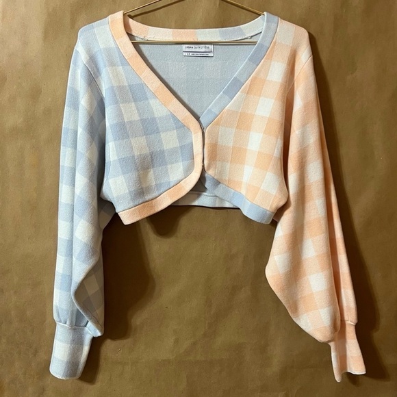Urban Outfitters | Balloon Sleeve Cropped Sweater Cardigan Gingham Plaid Size S - Picture 1 of 14